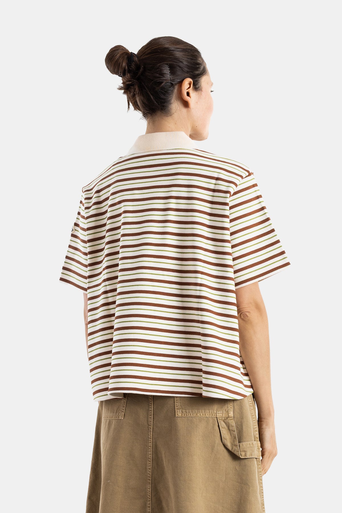 Polo rayé crop à lacets marron et vert