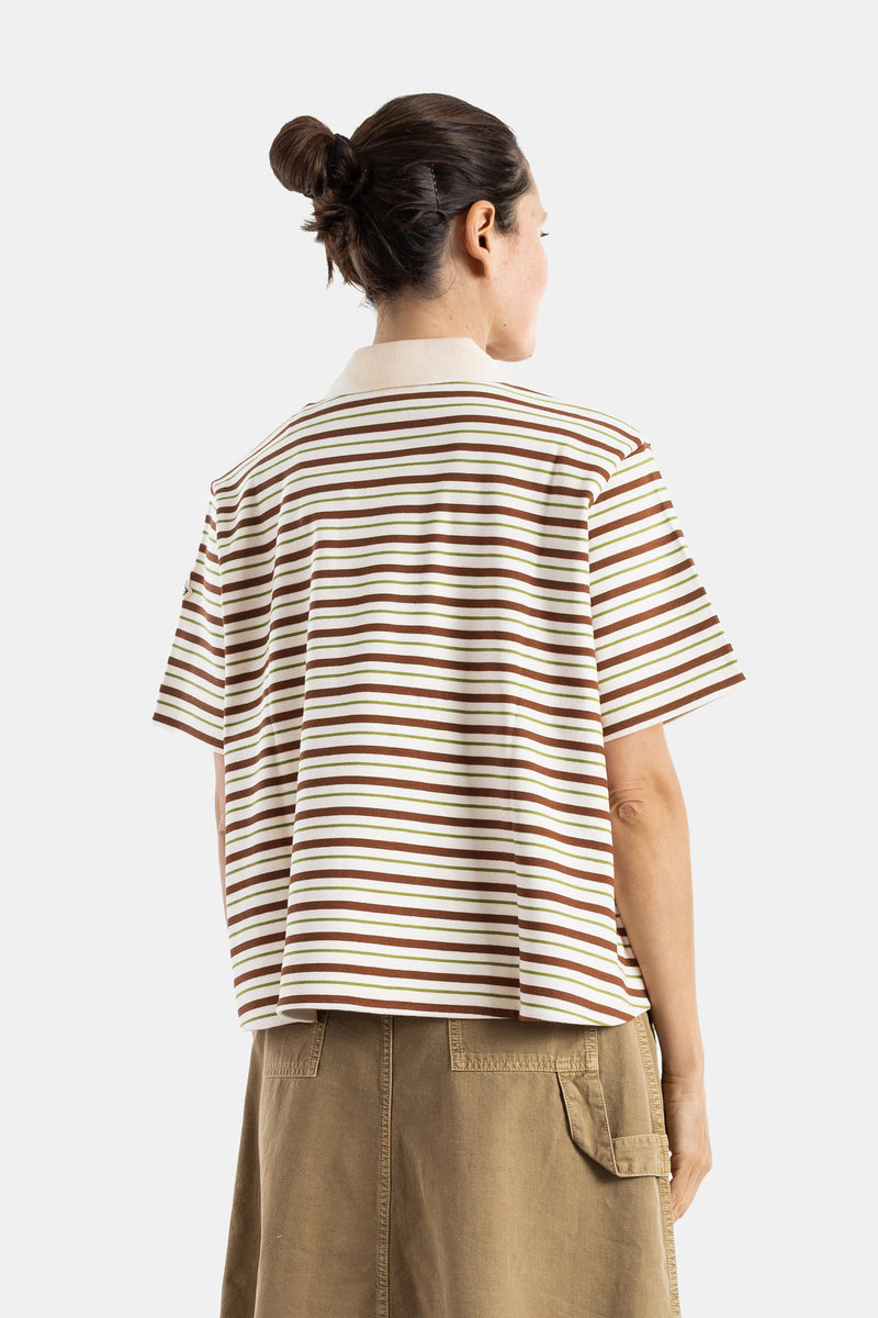 Polo rayé crop à lacets marron et vert