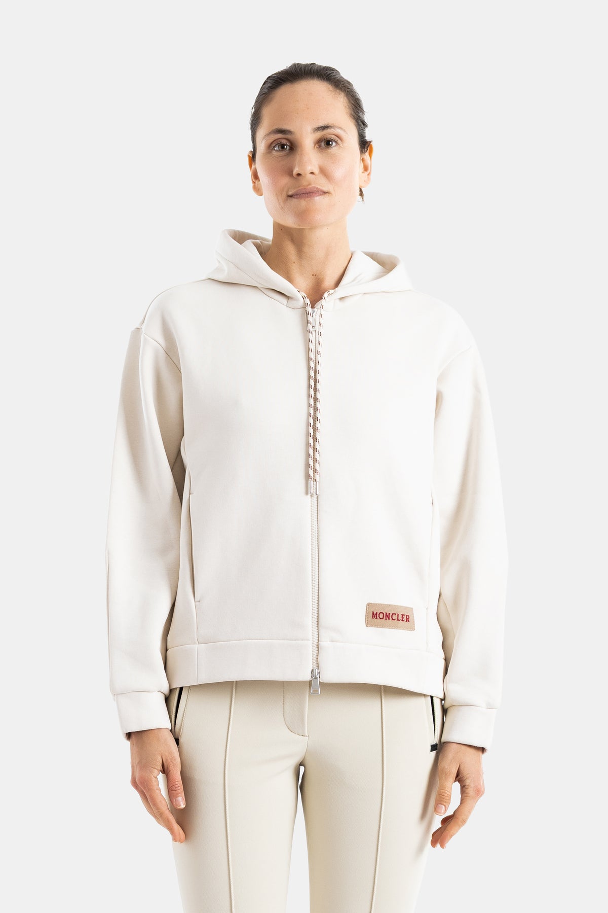 Moncler women's ecru oversized boxy fit zipped hoodie logo patch SS26