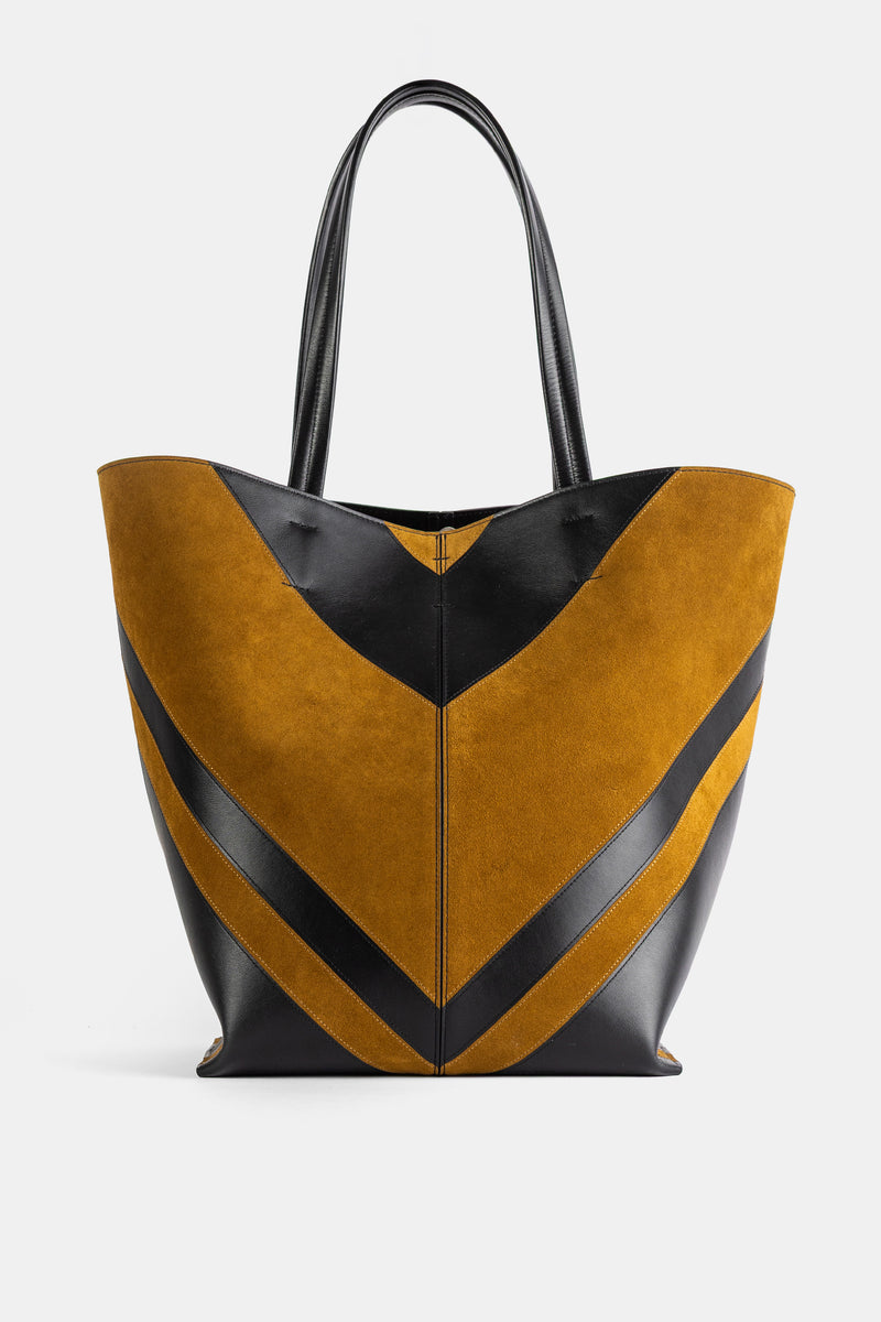 Cabas Pot en cuir veau et daim intarsia noir et toffee