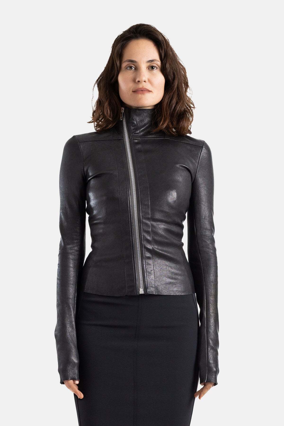 Rick Owens veste cuir noir Gary coupe ajustée fermeture éclair centrale col montant manches longues femme SS26