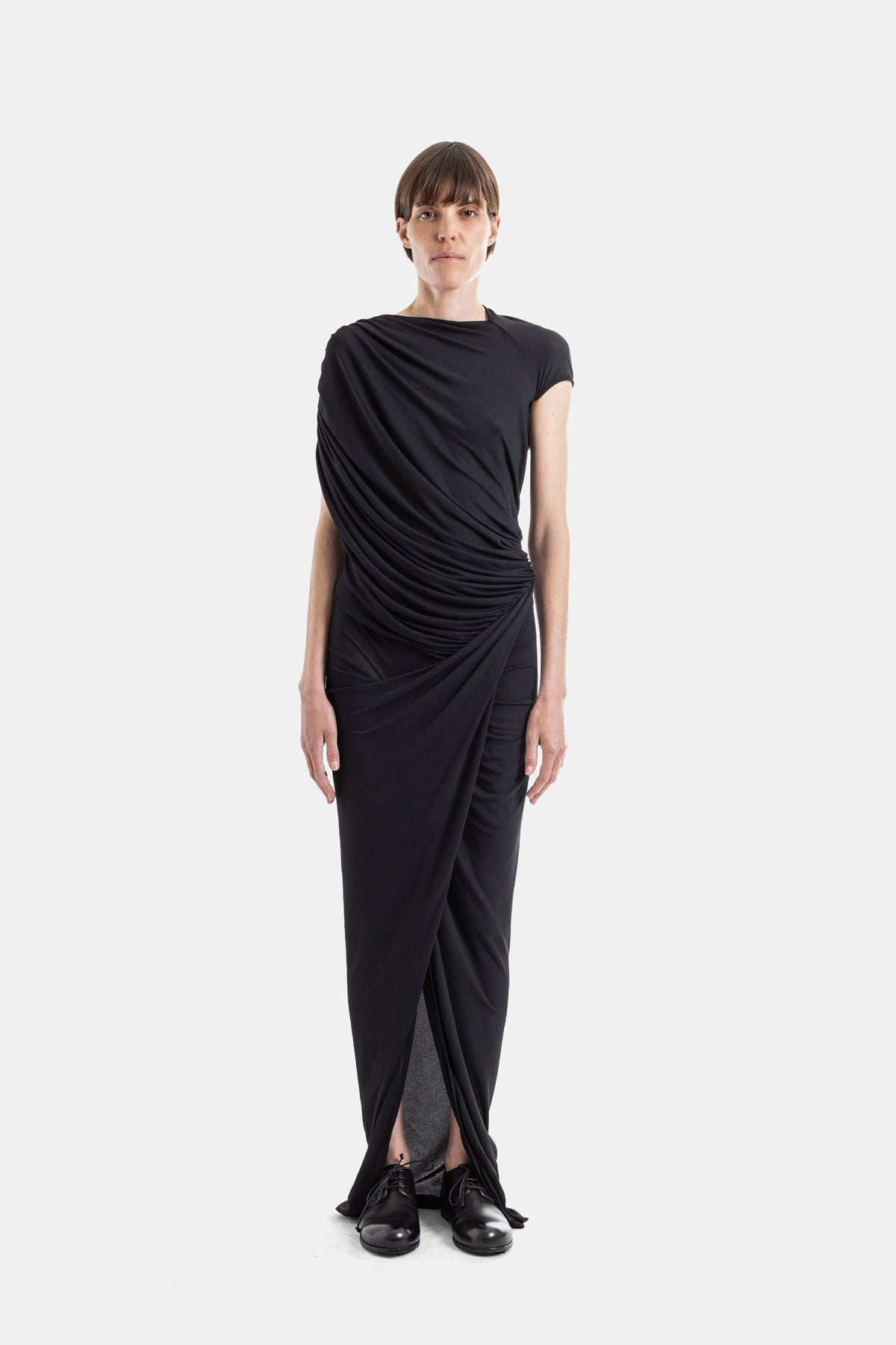 Rick Owens black stretch-jersey asymmetric diagonal draped column silhouette maxi dress SS26