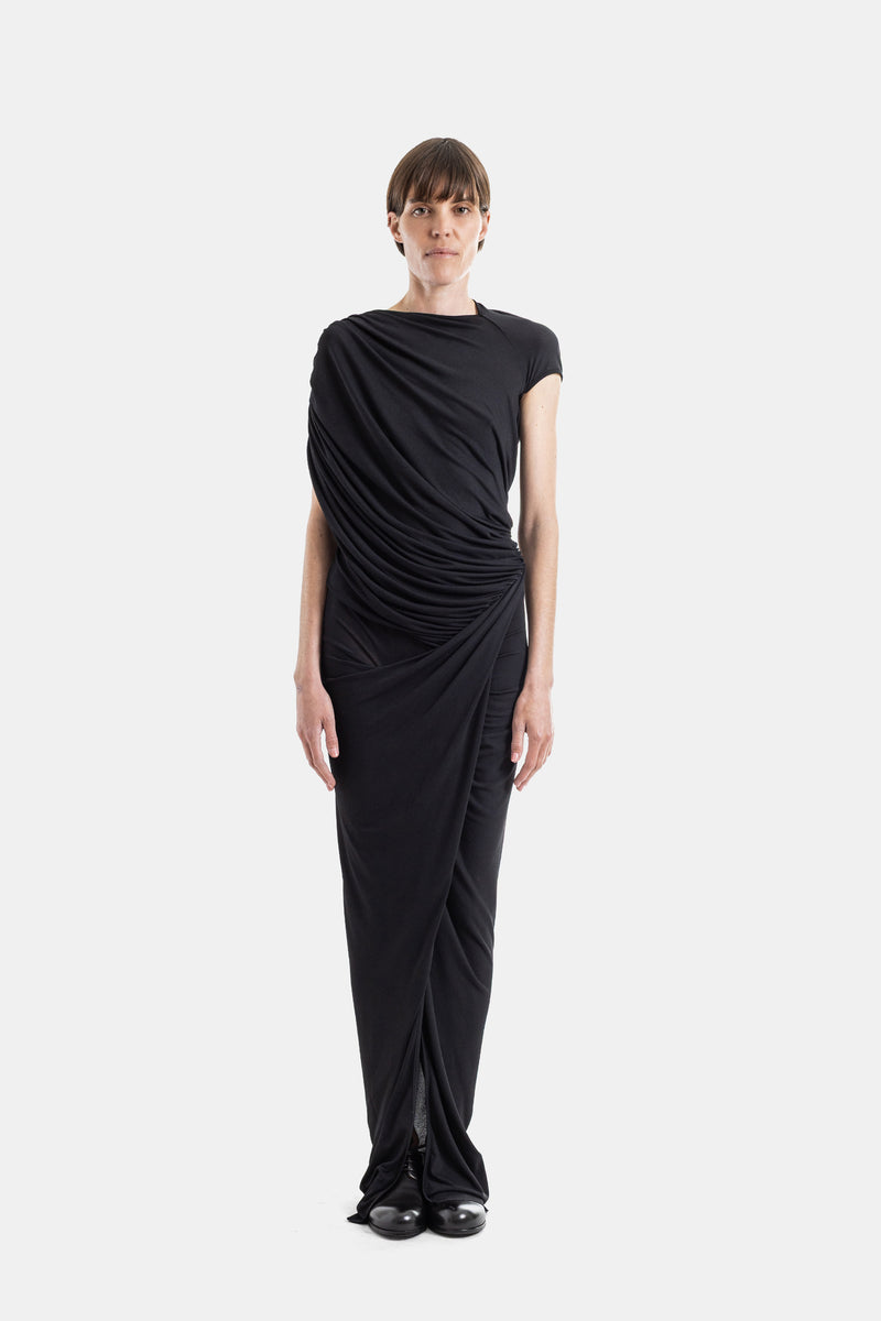 Robe longue Ares en jersey stretch à drapé diagonal asymétrique noir