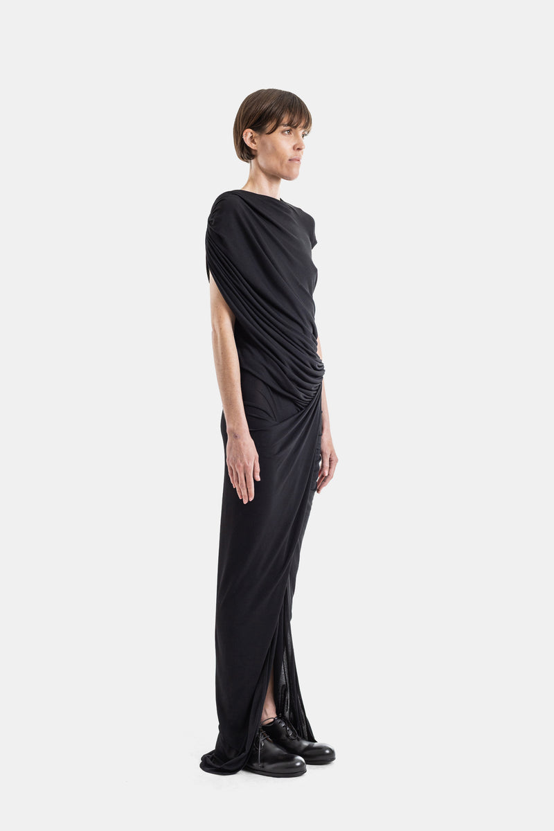 Ares Asymmetric Diagonal Draped Stretch-Jersey Maxi Dress, Black