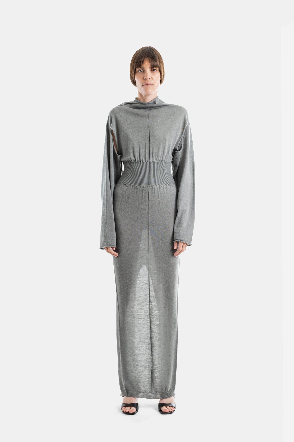Grey Fine Knit Con Long Dress with Ribbed Belt