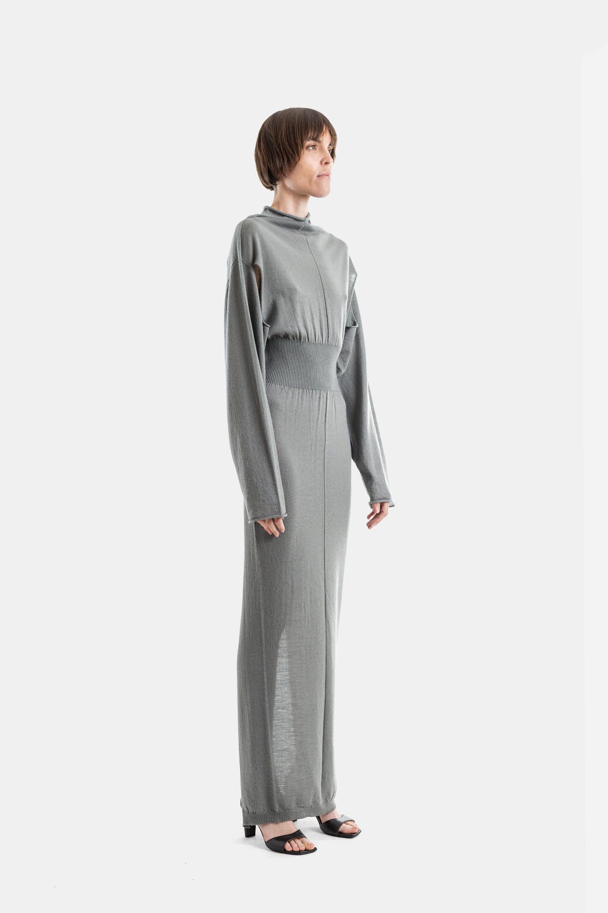 Grey Fine Knit Con Long Dress with Ribbed Belt