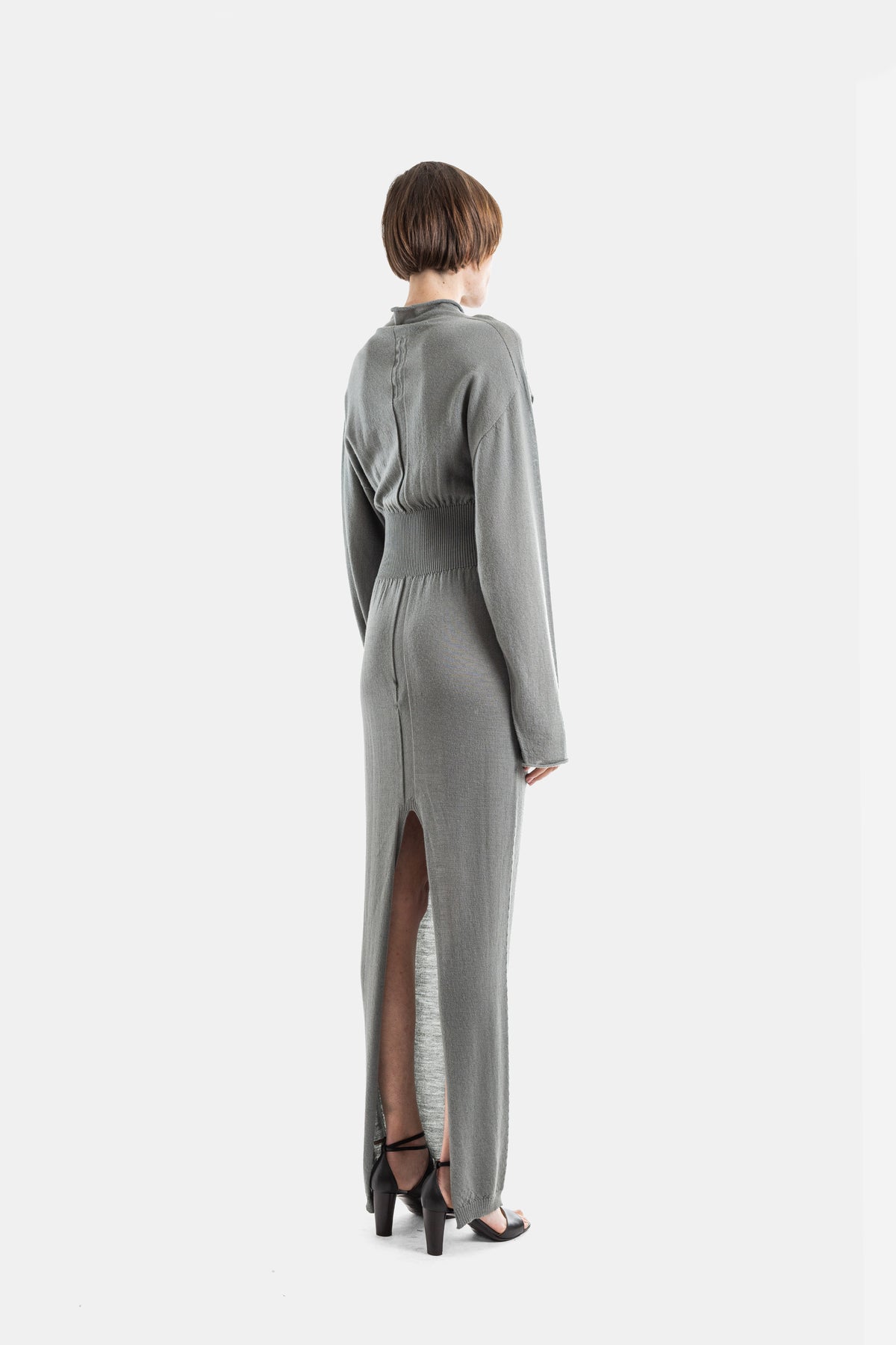 Grey Fine Knit Con Long Dress with Ribbed Belt
