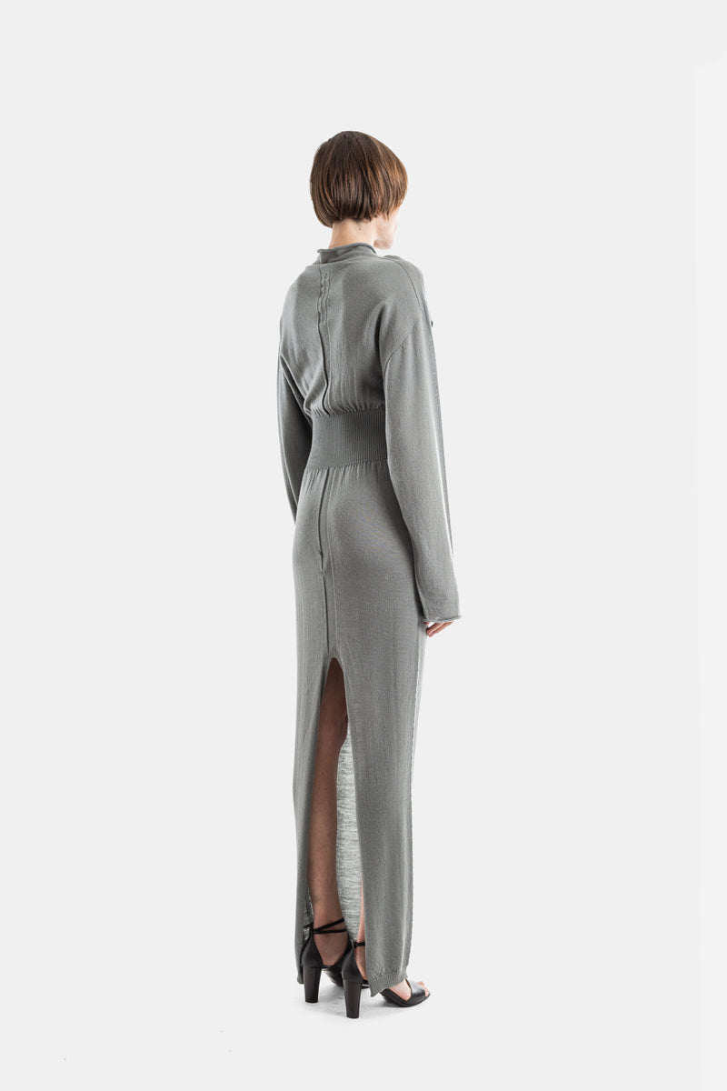 Grey Fine Knit Con Long Dress with Ribbed Belt
