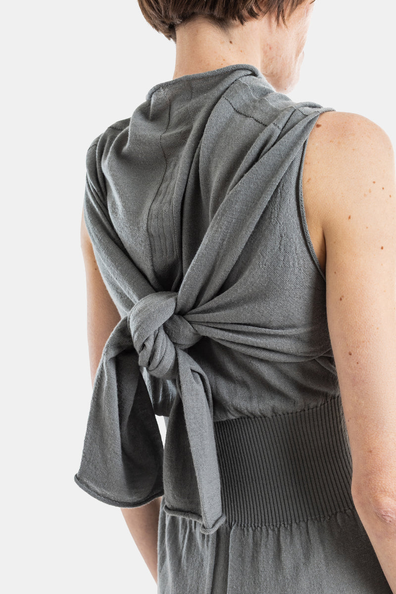 Grey Fine Knit Con Long Dress with Ribbed Belt
