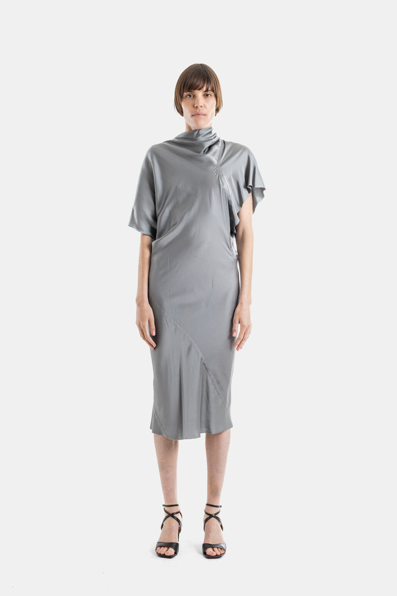 Robe Midi en Satin Drapé Gris Acier