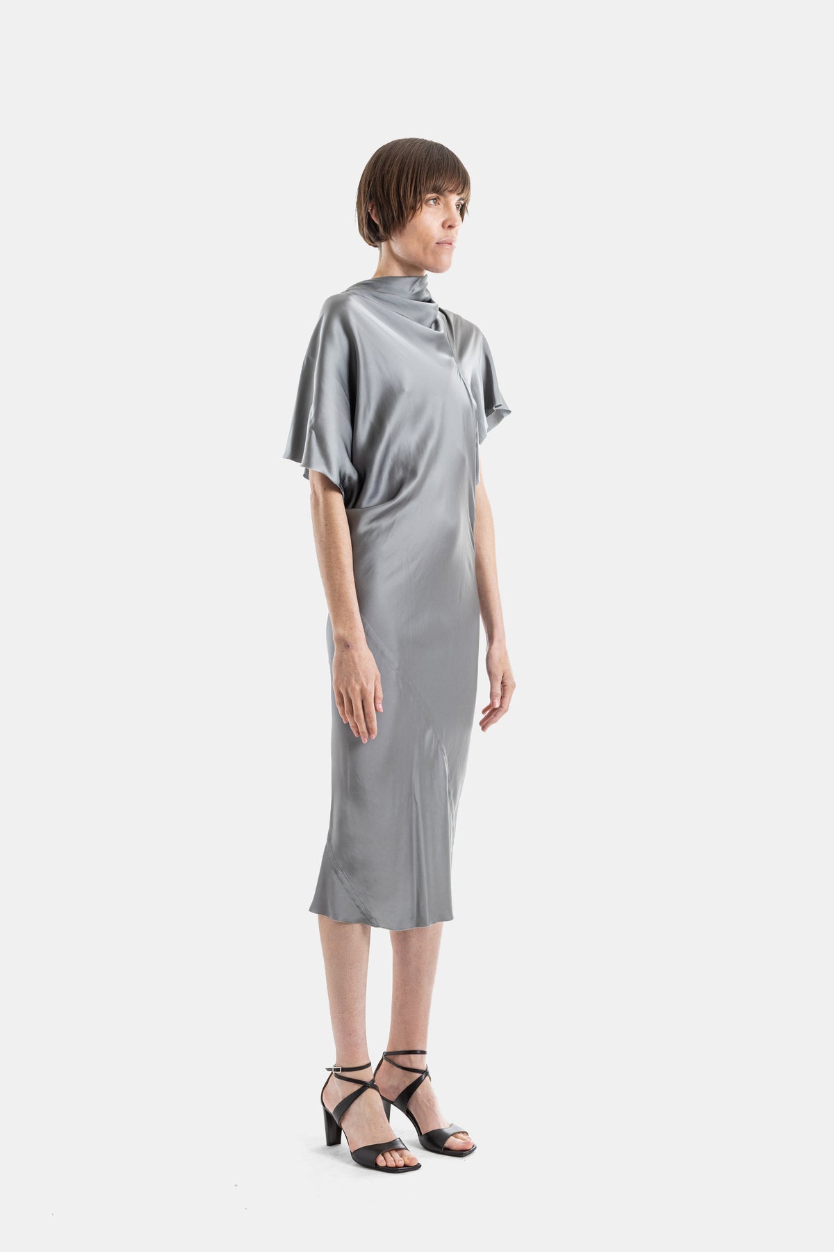 Robe Midi en Satin Drapé Gris Acier