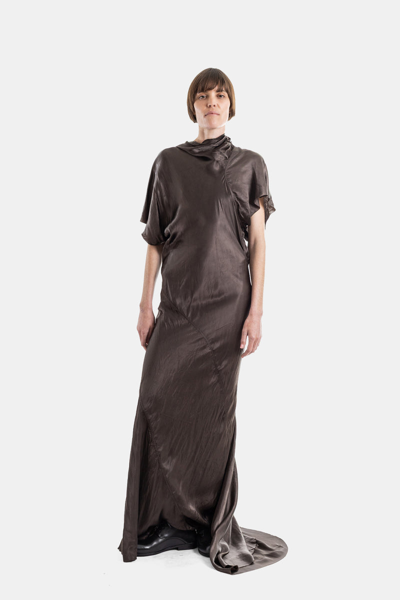 Robe longue en cupro satiné drapé Seb Gown dark dust