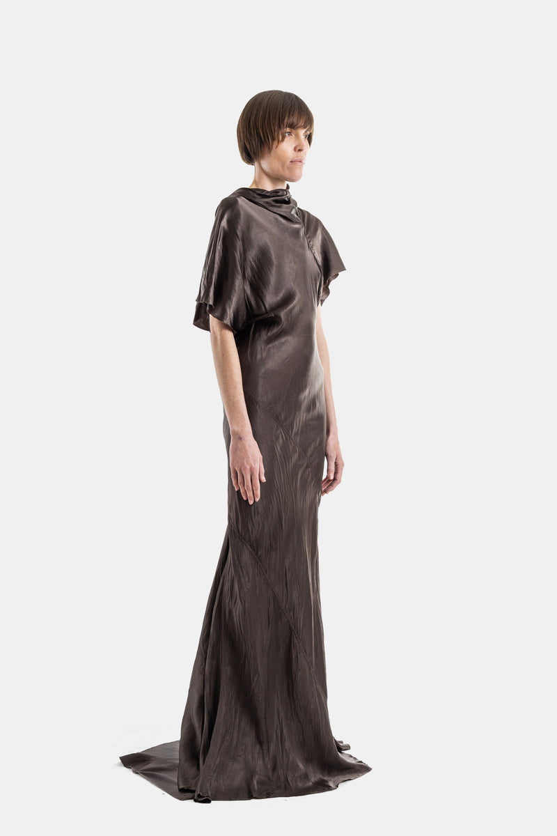 Robe longue en cupro satiné drapé Seb Gown dark dust