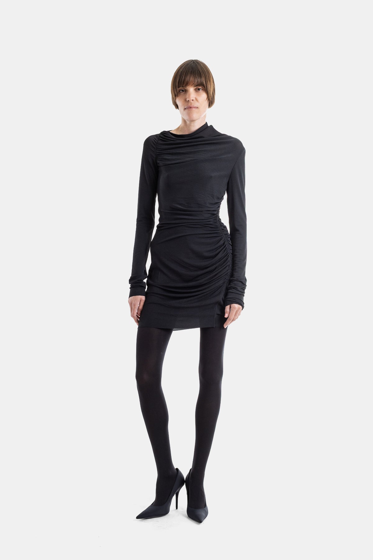 Asymmetric Ruched Stretch Jersey Mini Dress Black