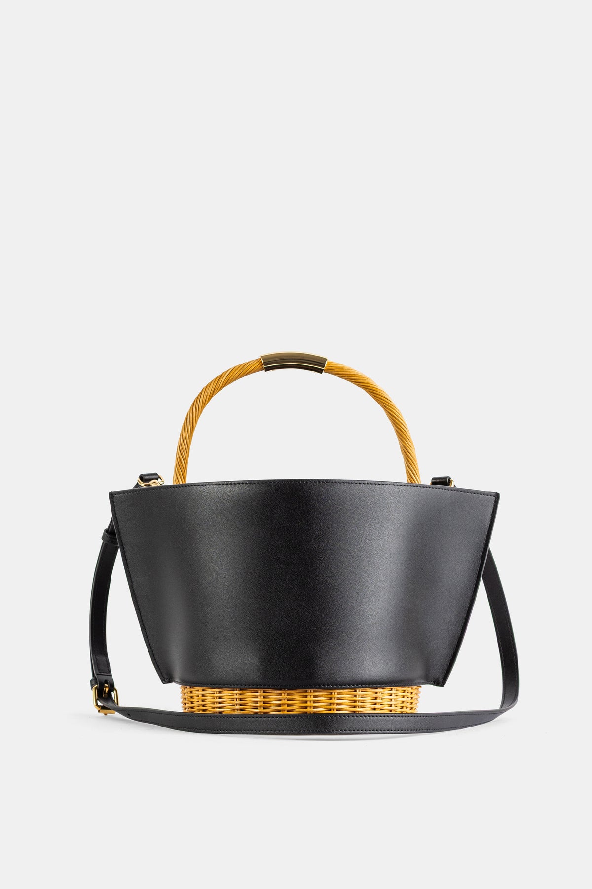 Leather x Rattan Basket Medium Top Handle Bag Black