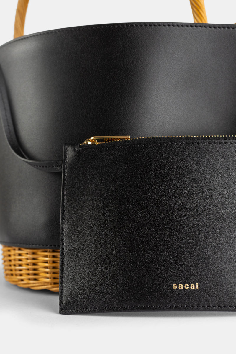 Leather x Rattan Basket Medium Top Handle Bag Black