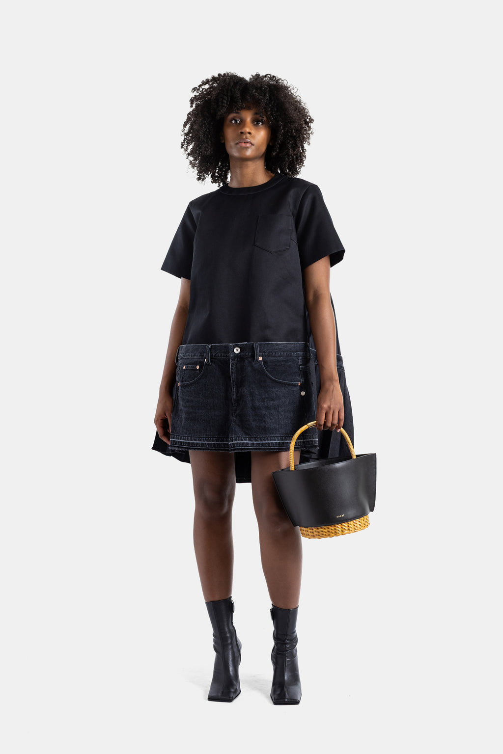 sacai denim dress Gathered denim midi dress - dark denim