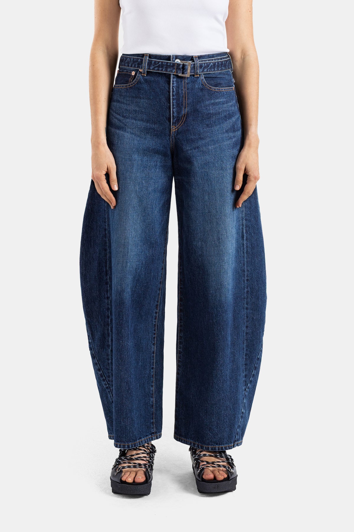 Indigo Blue Integrated Belt Barrel Jeans