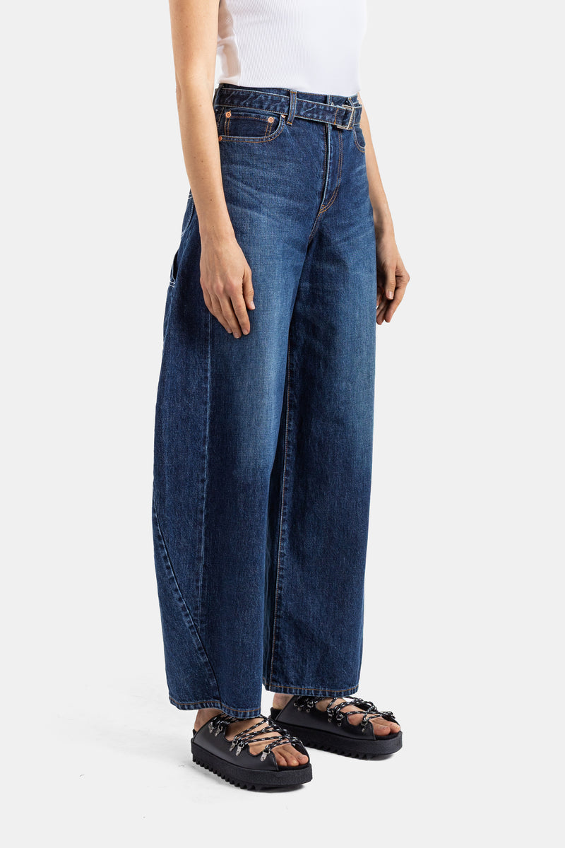 Indigo Blue Integrated Belt Barrel Jeans