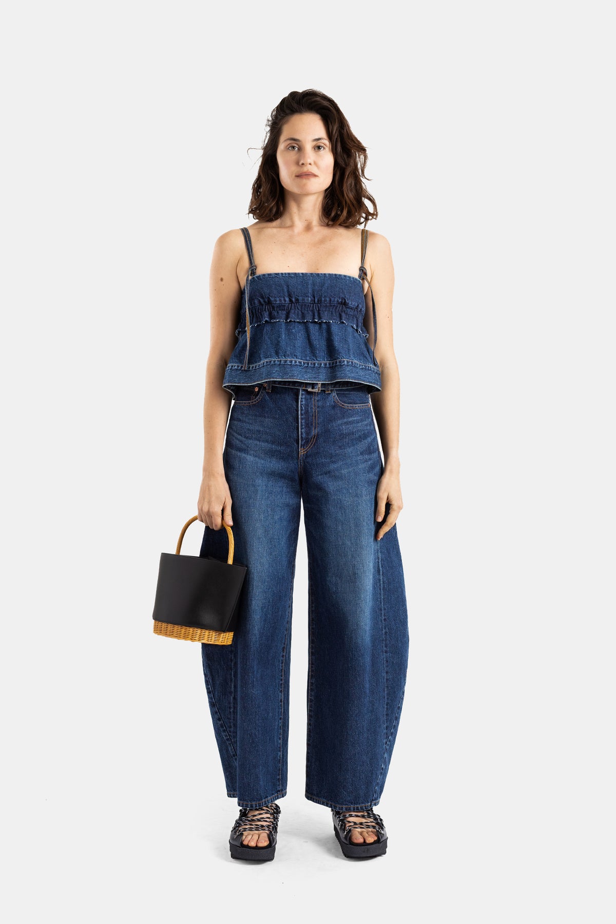 Indigo Blue Integrated Belt Barrel Jeans