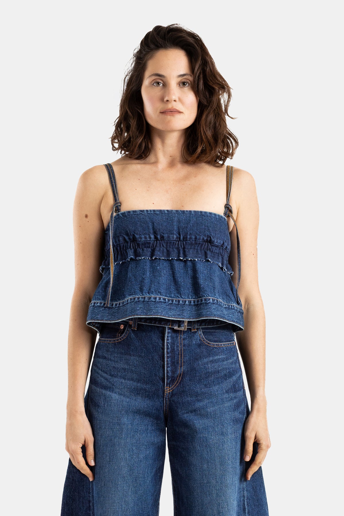 Indigo Blue Denim Bustier Top with Frayed Ruffles