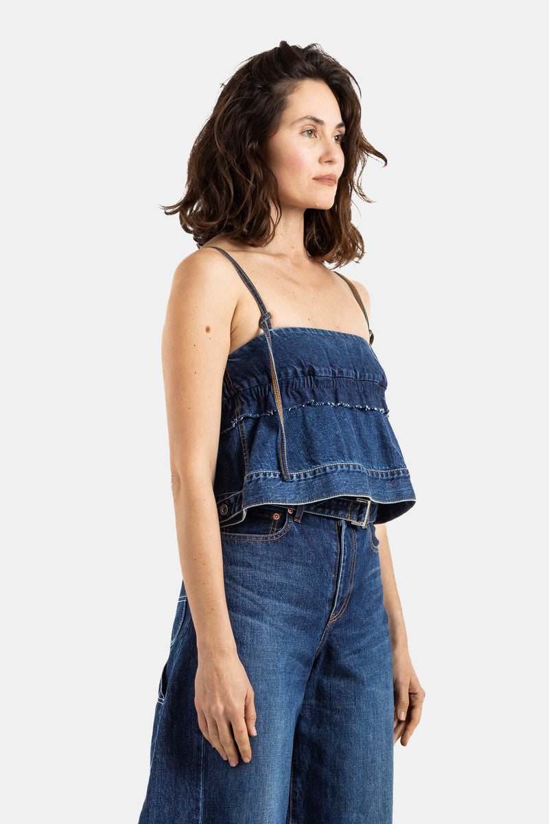Indigo Blue Denim Bustier Top with Frayed Ruffles
