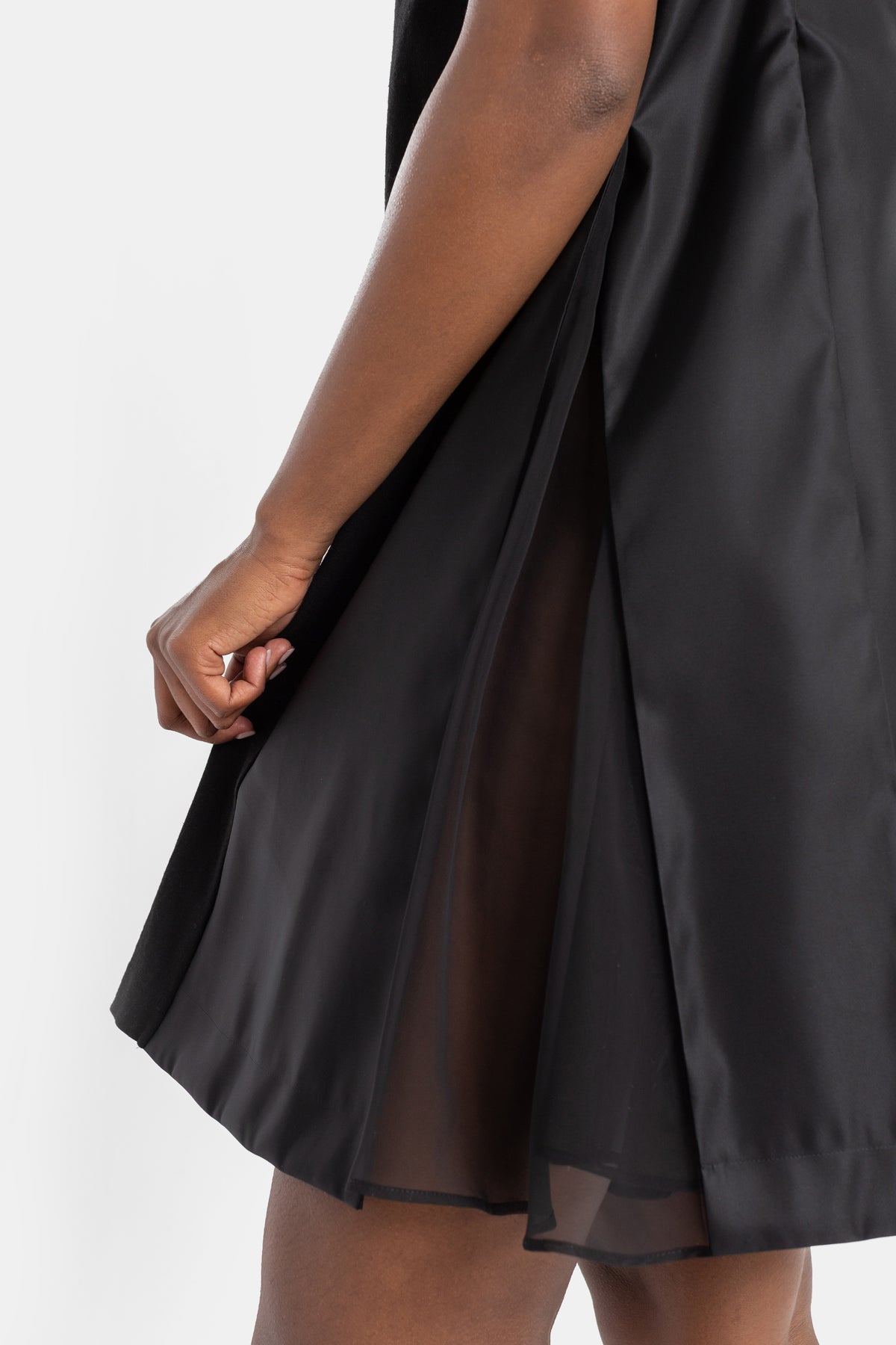 Black jersey and nylon hybrid dress