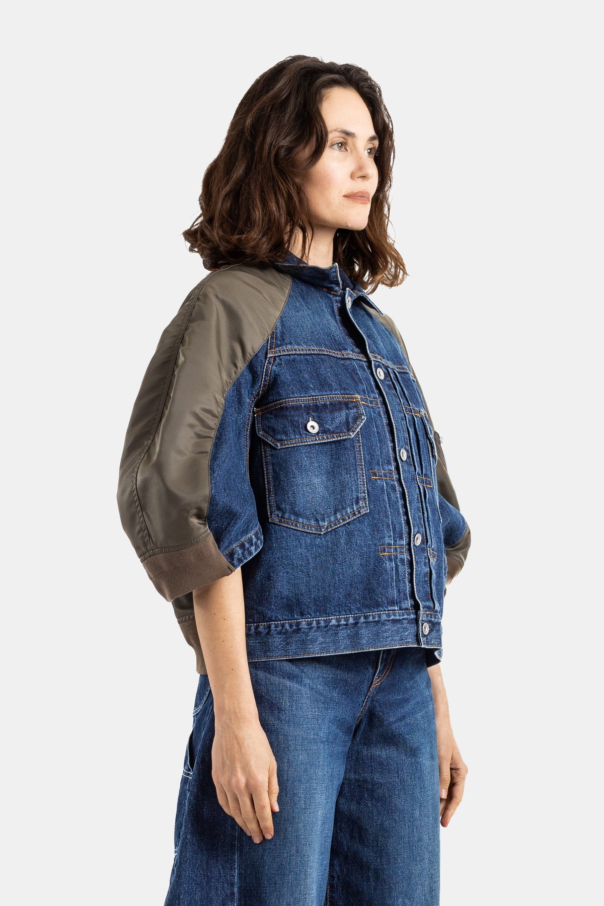 Hybrid Indigo Denim and Khaki Nylon Twill Jacket