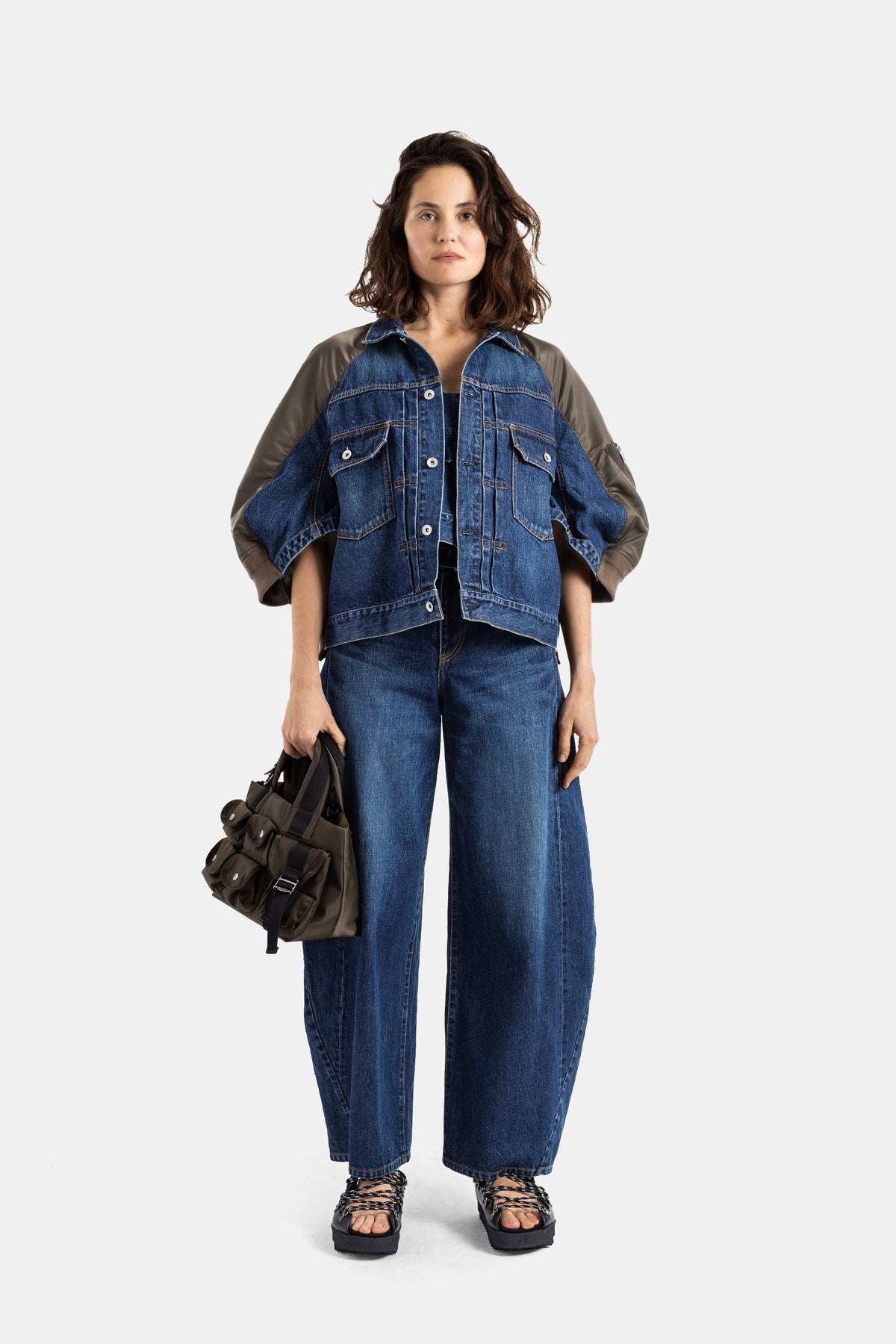 Hybrid Indigo Denim and Khaki Nylon Twill Jacket