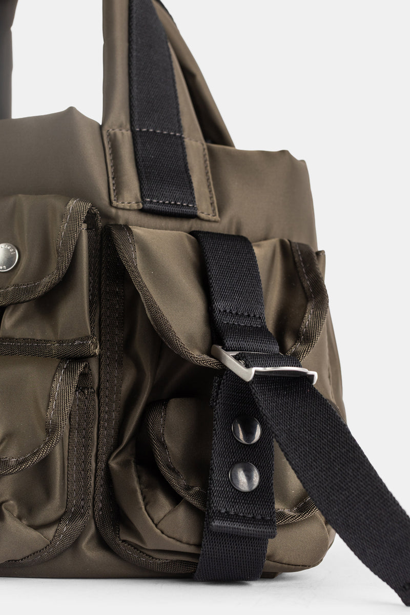 Nylon Tote Bag Small Multi-Pocket Khaki Olive