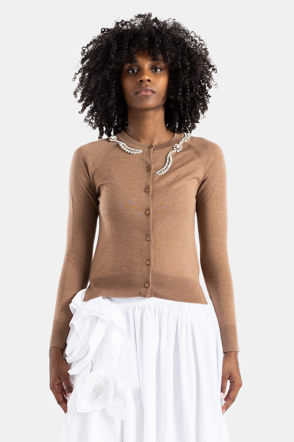 Chestnut merino and silk embellished cardigan