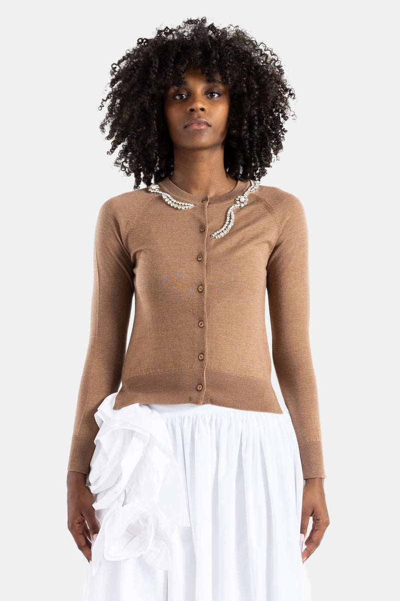 Cardigan mérinos et soie châtaigne à ornements