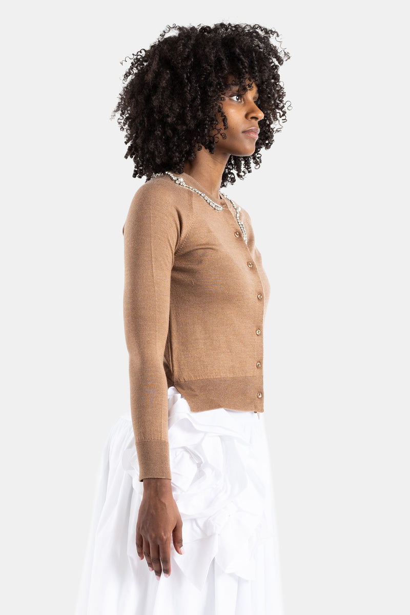 Chestnut merino and silk embellished cardigan