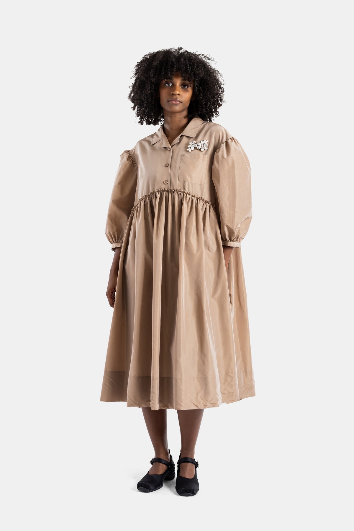 Nude taupe patchwork organza smock dress