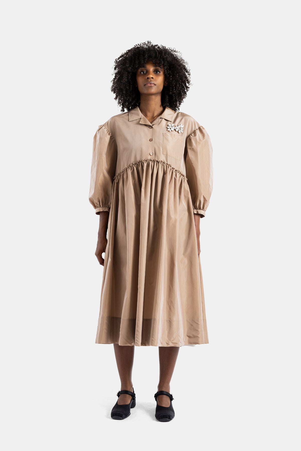 Nude taupe patchwork organza smock dress