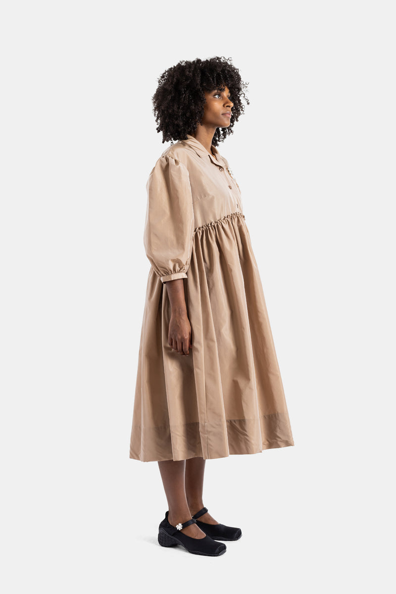 Nude taupe patchwork organza smock dress