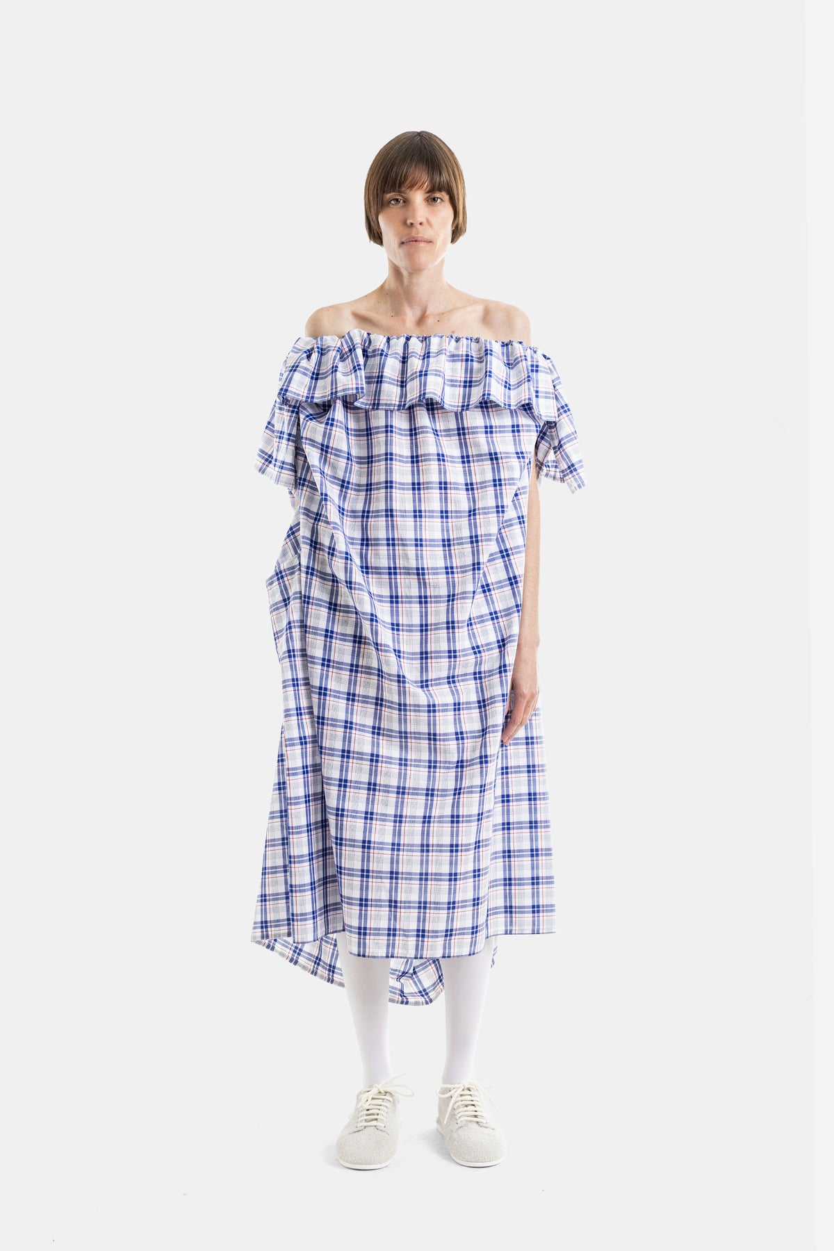 Robe Midi Dolabella à Col Pèlerine en Coton Carreaux Royal