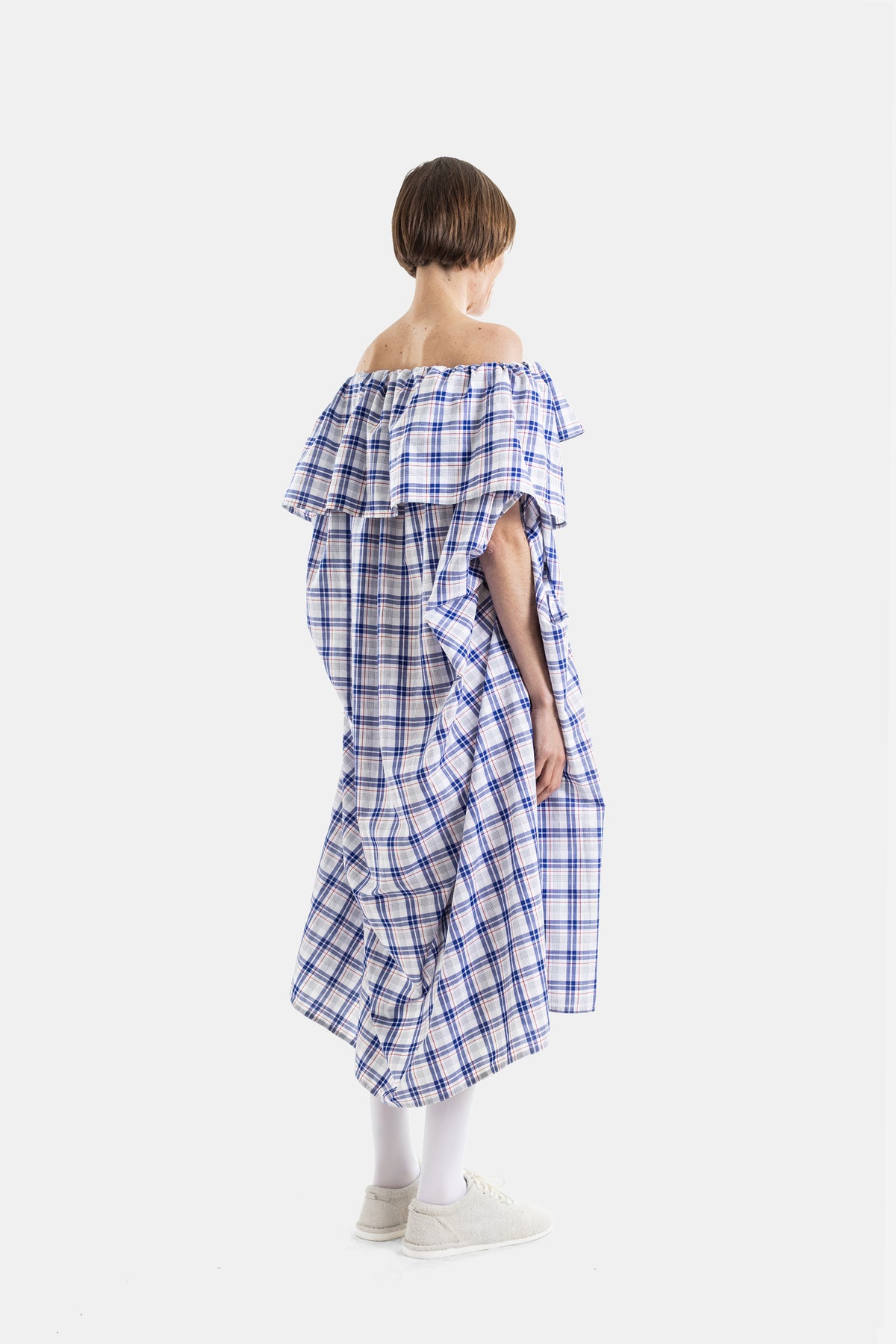 Robe Midi Dolabella à Col Pèlerine en Coton Carreaux Royal