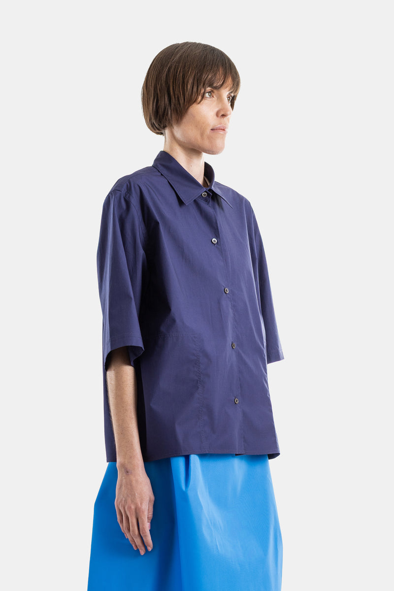 Biscay Boxy Short-Sleeve Cotton Poplin Shirt Navy