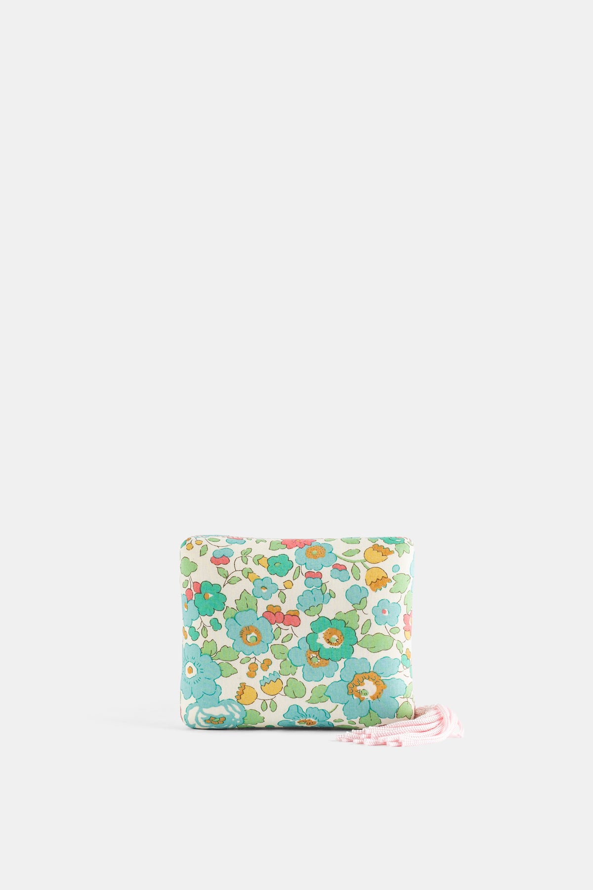 Sophie Bille Brahe boîte à bijoux velvet Liberty floral vert menthe motif fleurs bleues roses pochette zippée pompon rose