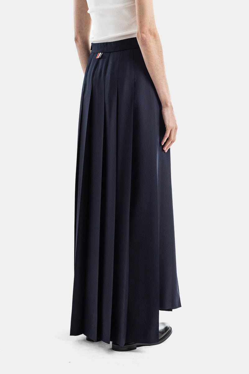 Jupe longue plissée en twill de laine marine