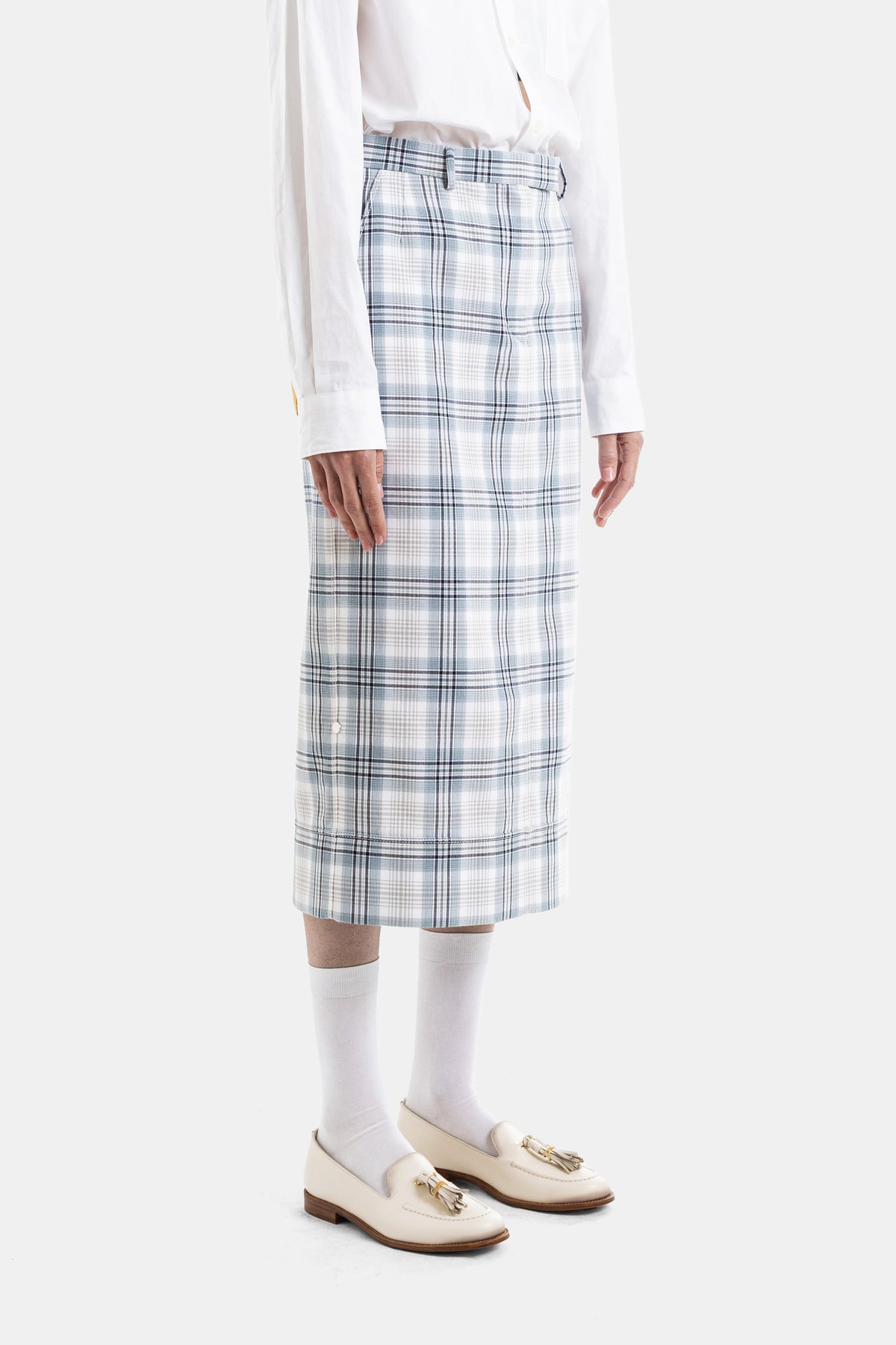Jupe Droite Sack en Coton Windowpane Plaid Bleu Glacier