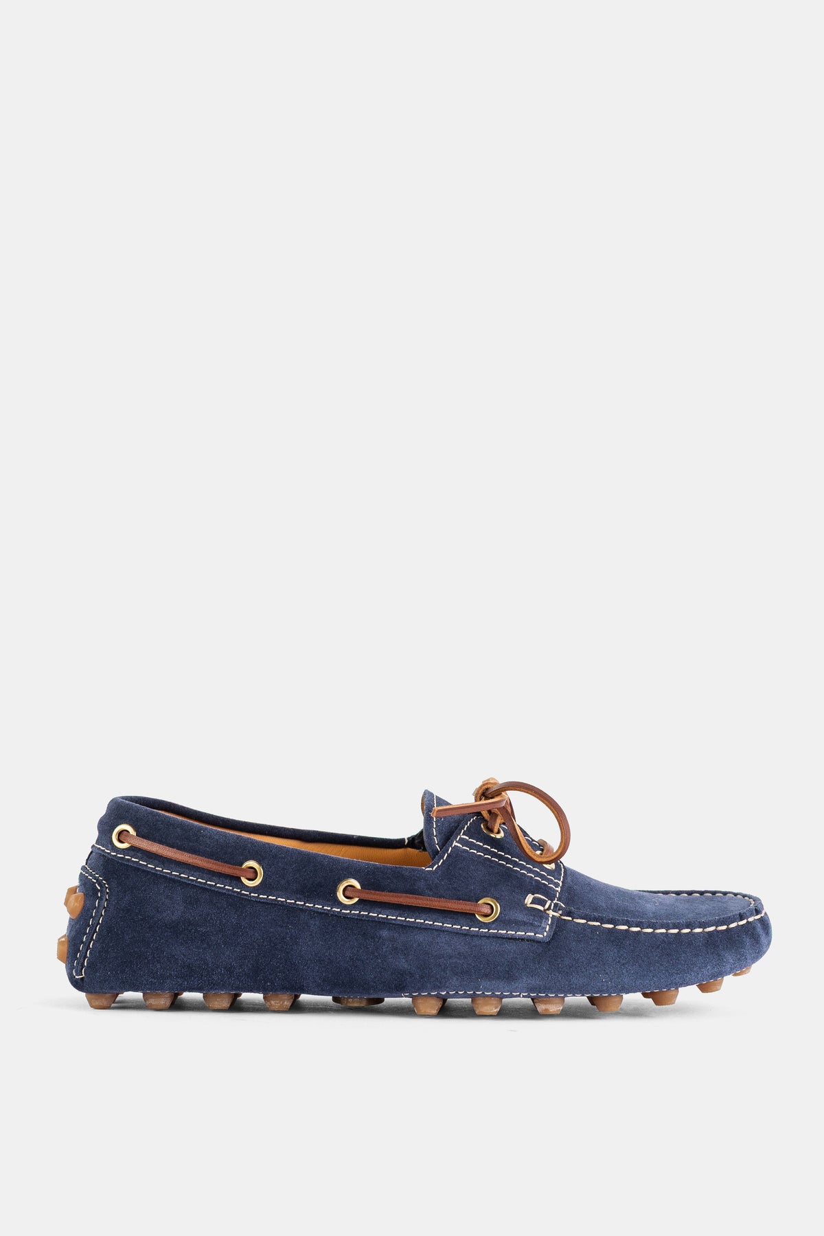 Tod's mocassin Gommino bateau femme en suède bleu marine lacet cuir cognac semelle gomme SS25