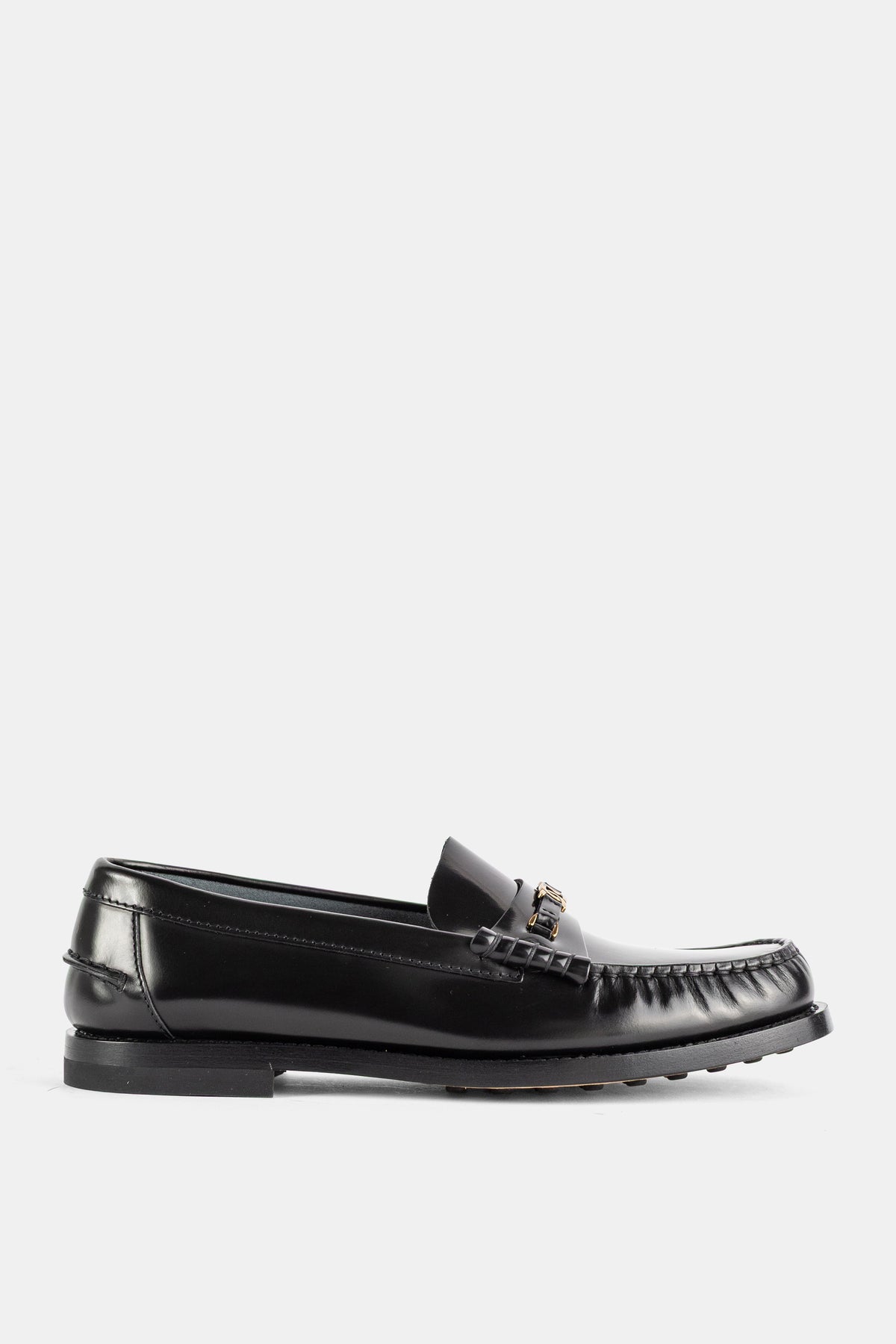 Tod's women's polished black leather loafers shiny gold chain detail flat sole FW24