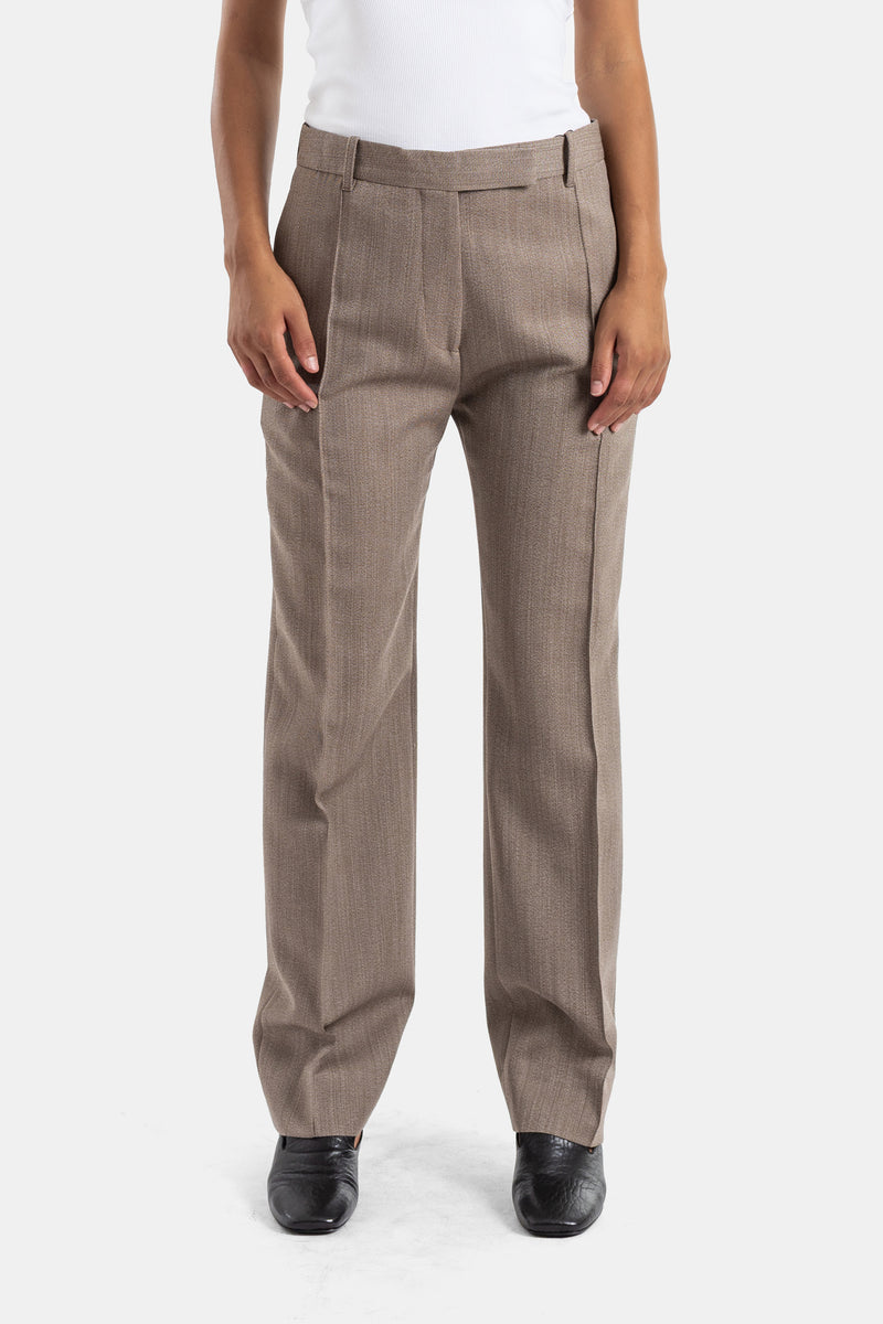 Pantalón de sastre recto con pinzas Studio Nicholson en un elegante tejido jaspeado color taupe para mujer