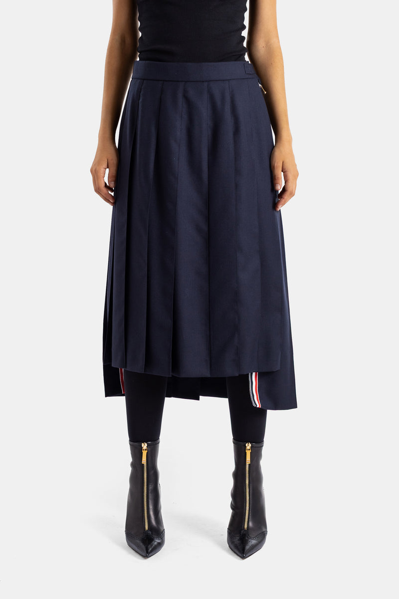 Thom Browne jupe plissée midi taille haute en laine structurée bleu marine avec bande tricolore