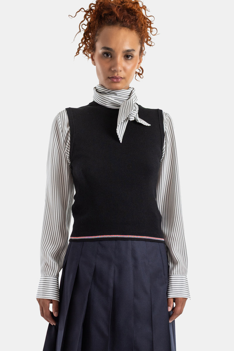 Top sem mangas canelado preto de corte justo Thom Browne com o icónico debrum tricolor RWB na bainha.