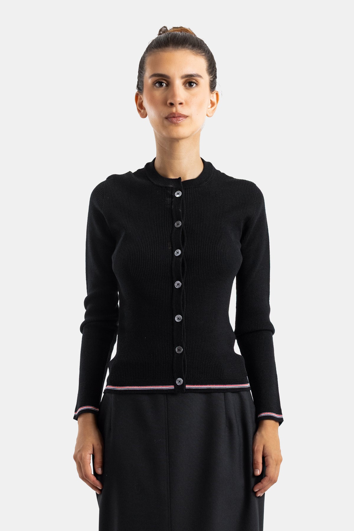 Thom Browne cardigan côtelé ajusté en laine mérinos noir col rond boutonné bandes RWB