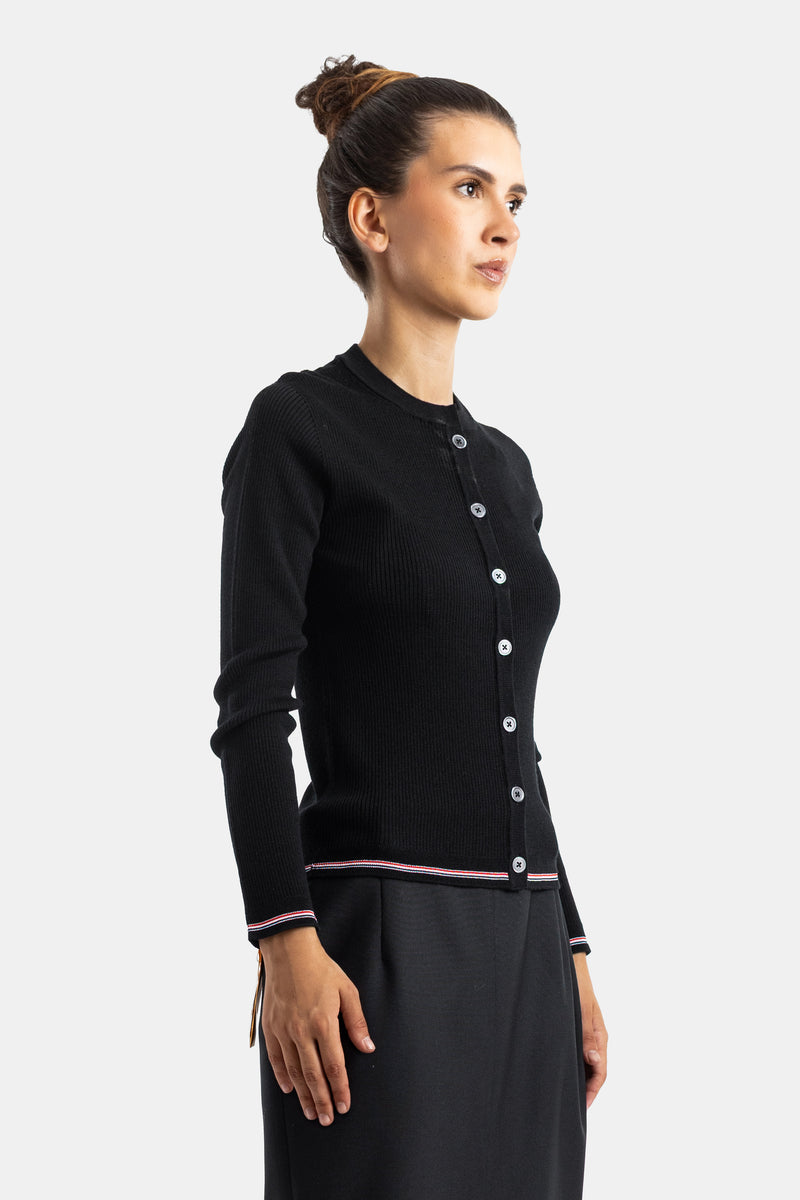 Thom Browne cardigan laine mérinos noir vue profil coupe slim boutons nacre liserés tricolores poignets