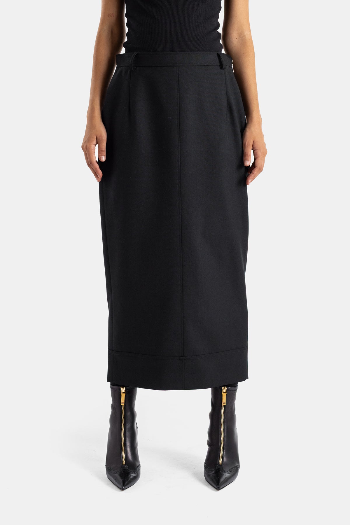 Thom Browne jupe crayon taille haute mi-mollet noire en laine avec revers d'ourlet et coupe ajustée